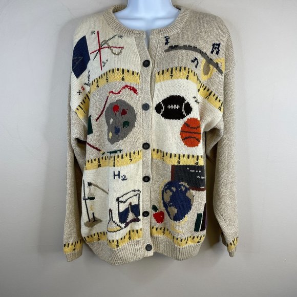 Woolrich Sweaters - Woolrich Womens TEACHER Cardigan Sweater Sz M MATH SCIENCE Music Sports Vintage